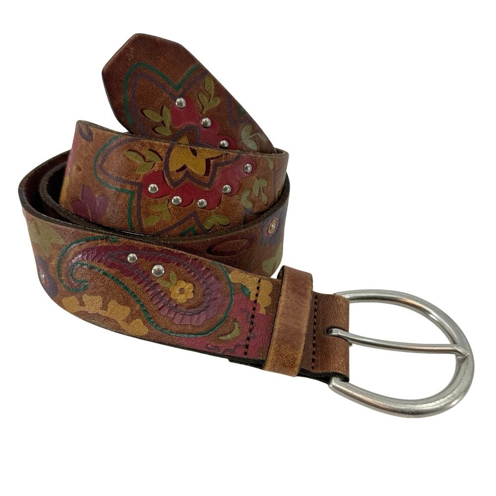 VTG Y2K Fossil Leather Belt Medium Brown Floral Paisley Studded Boho Western